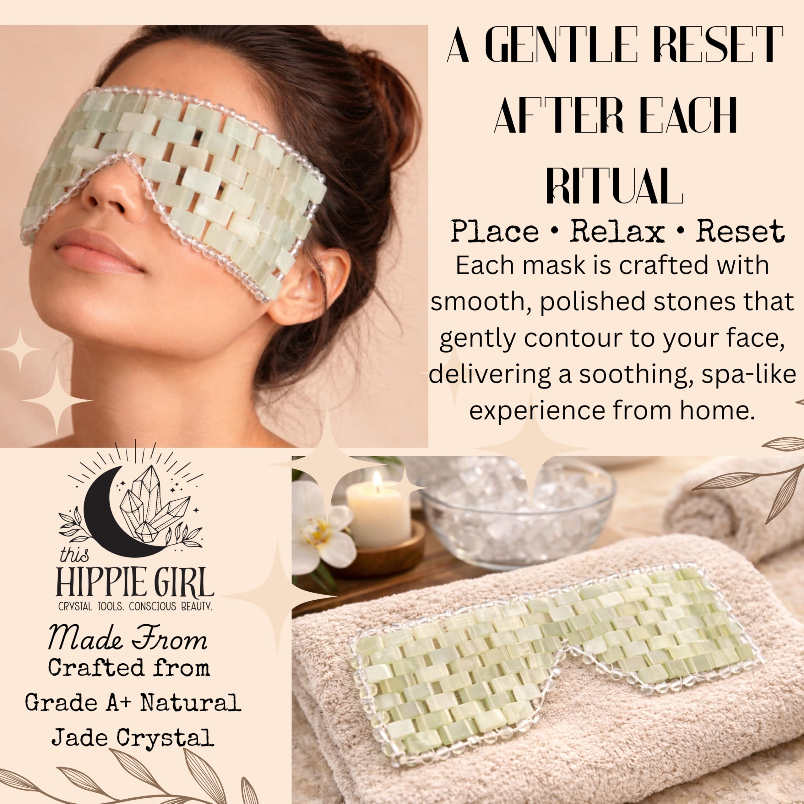 Boho Aromatic Lunar Jade Eye Mask Cooling Crystal Eye Mask for Puffiness & Dark Circles | Natural Jade Stone Eye Therapy | Spa Facial Relaxation | Reusable Self Care Beauty Tool
