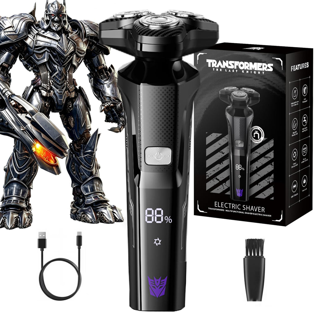 TRANSFORMERS Electric Razor for Men, 3D Rotary Shaver for Sensitive Skin with Pop-up Trimmer, IPX7 Waterproof, Wet & Dry USB-C Fast Charging Shaver with LED Display & Travel Lock – Gifts for Men