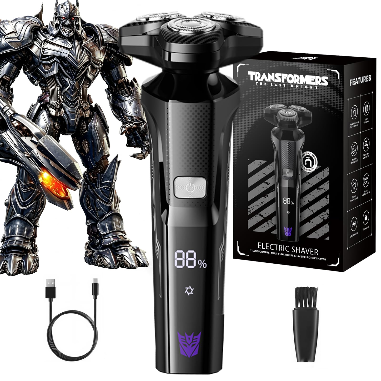 TRANSFORMERS Electric Razor for Men, 3D Rotary Shaver for Sensitive Skin with Pop-up Trimmer, IPX7 Waterproof, Wet & Dry USB-C Fast Charging Shaver with LED Display & Travel Lock – Gifts for Men