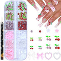 HNUIX 3D Nail Charms - Multiple Shape, Shiny Gems,Pink & Red & White, Flowers, Resin Bows Heart, Flat Back Cherry Nail Rhinestones, for Nail Art, DIY Manicure Decor