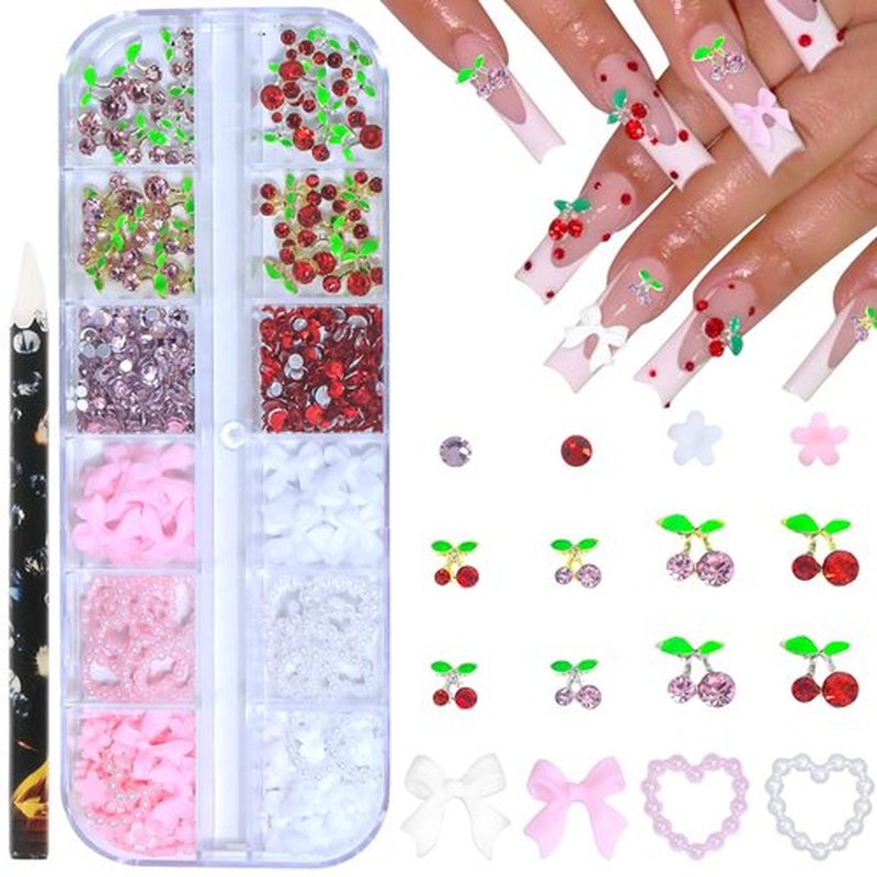 HNUIX 3D Nail Charms - Multiple Shape, Shiny Gems,Pink & Red & White, Flowers, Resin Bows Heart, Flat Back Cherry Nail Rhinestones, for Nail Art, DIY Manicure Decor