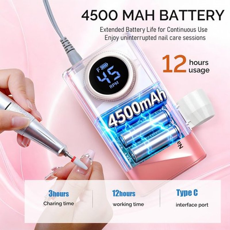 Professional Electric Nail Drill, 45000 RPM Portable Rechargeable Nail FileMachine for Acrylic Nails, E-File Electric Nail File Kit with Battery & LCD Display (Pink-Gradient)