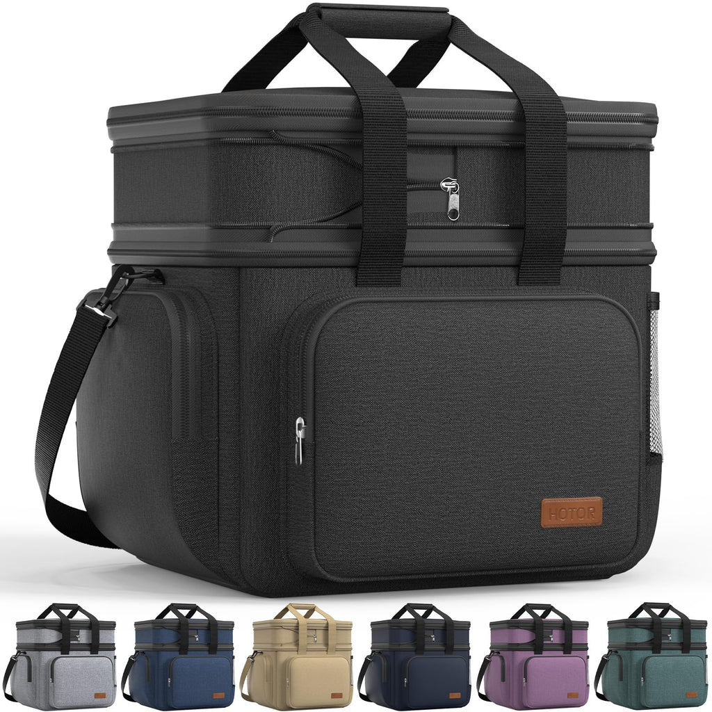 HOTOR Lunch Box for Men and Women - Leak-Proof Insulated Lunch Cooler Bag with Adjustable Strap, Multiple Pockets for Office, Picnic, Hiking, Beach, 2 Layer, 32L, Black, 14.6" x 10.7" x 13.0"