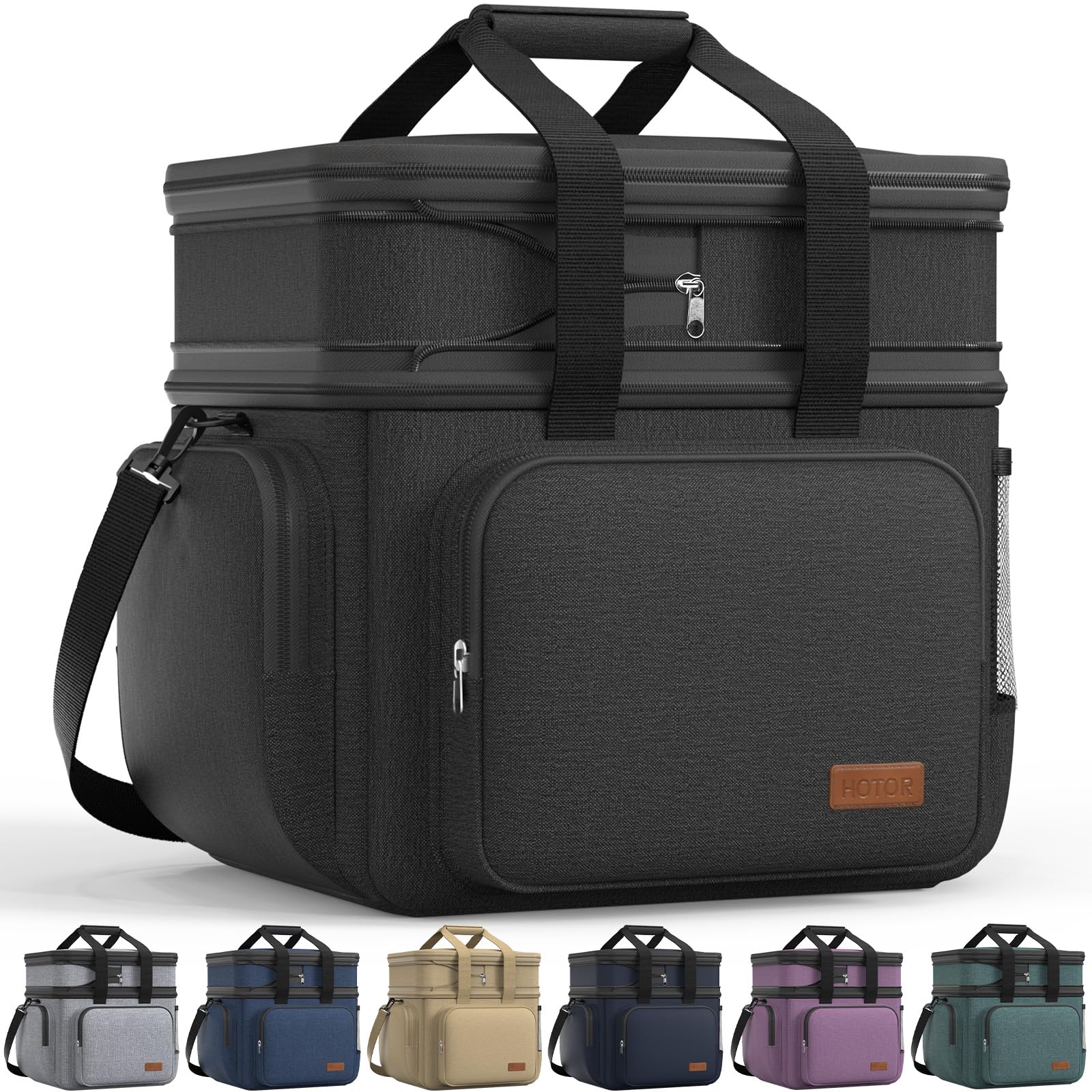 HOTOR Lunch Box for Men and Women - Leak-Proof Insulated Lunch Cooler Bag with Adjustable Strap, Multiple Pockets for Office, Picnic, Hiking, Beach, 2 Layer, 32L, Black, 14.6" x 10.7" x 13.0"