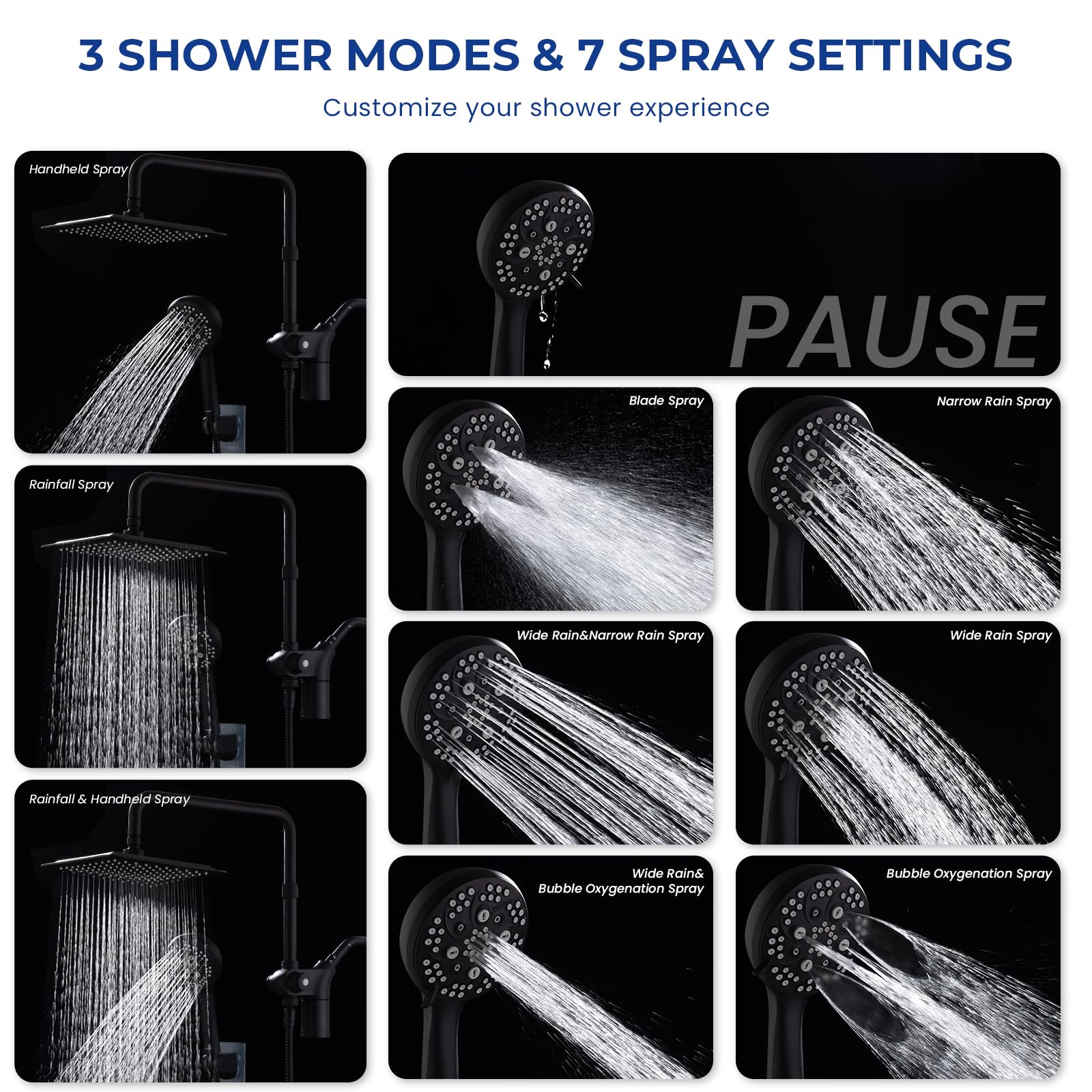 Ryamen Upgraded Dual Shower Heads Combo, 10 inch Filtered Shower Head with Handheld, 3-Way Rain Shower Head with Filters, 7 Settings Handheld Spray, High Pressure, Height Adjustable (Black)