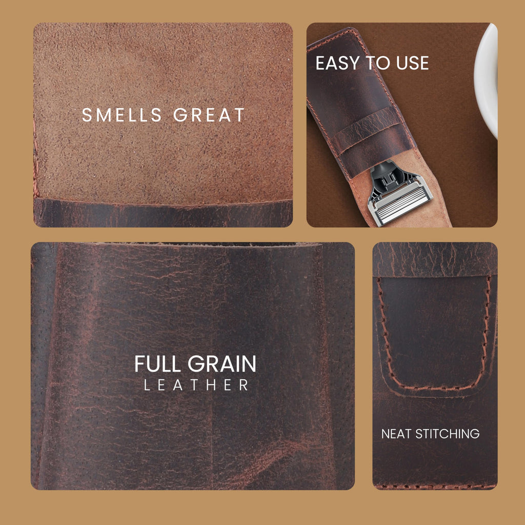 CestAntiQ Leather Safety Razor Case Shaving Accessories Straight Safety Razor Holder for Double Edge Personal Care Essentials Handmade Shaver Case for Travel (Brown)