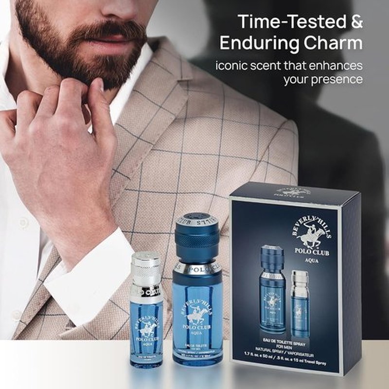 Beverly Hills Polo Club Men's Eau De Toilette Aqua - Long-Lasting Fragrance Set, 2.2 Fl Oz (1.7oz + 0.5oz)