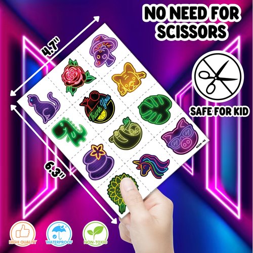 Cherisnowy 72 PCS Neon Party Set - 48 Neon Temporary Tattoos, 24 Slap Bracelets Wristbands - Fun Glow Party Supplies for Birthday, Baby Shower, Classroom Rewards, Decorations & Gifts for Kids