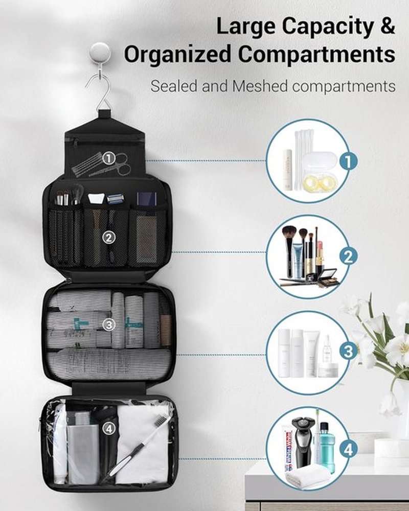 Maliton Toiletry Bag | Waterproof Hanging Organizer for Travel | Large 4-Compartment Design - Black