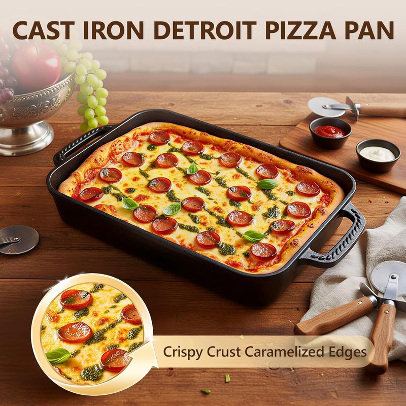Cast Iron Detroit Pizza Pan - 9x13 Inch Pre-Seasoned Deep Dish for Perfect Casseroles & Lasagna