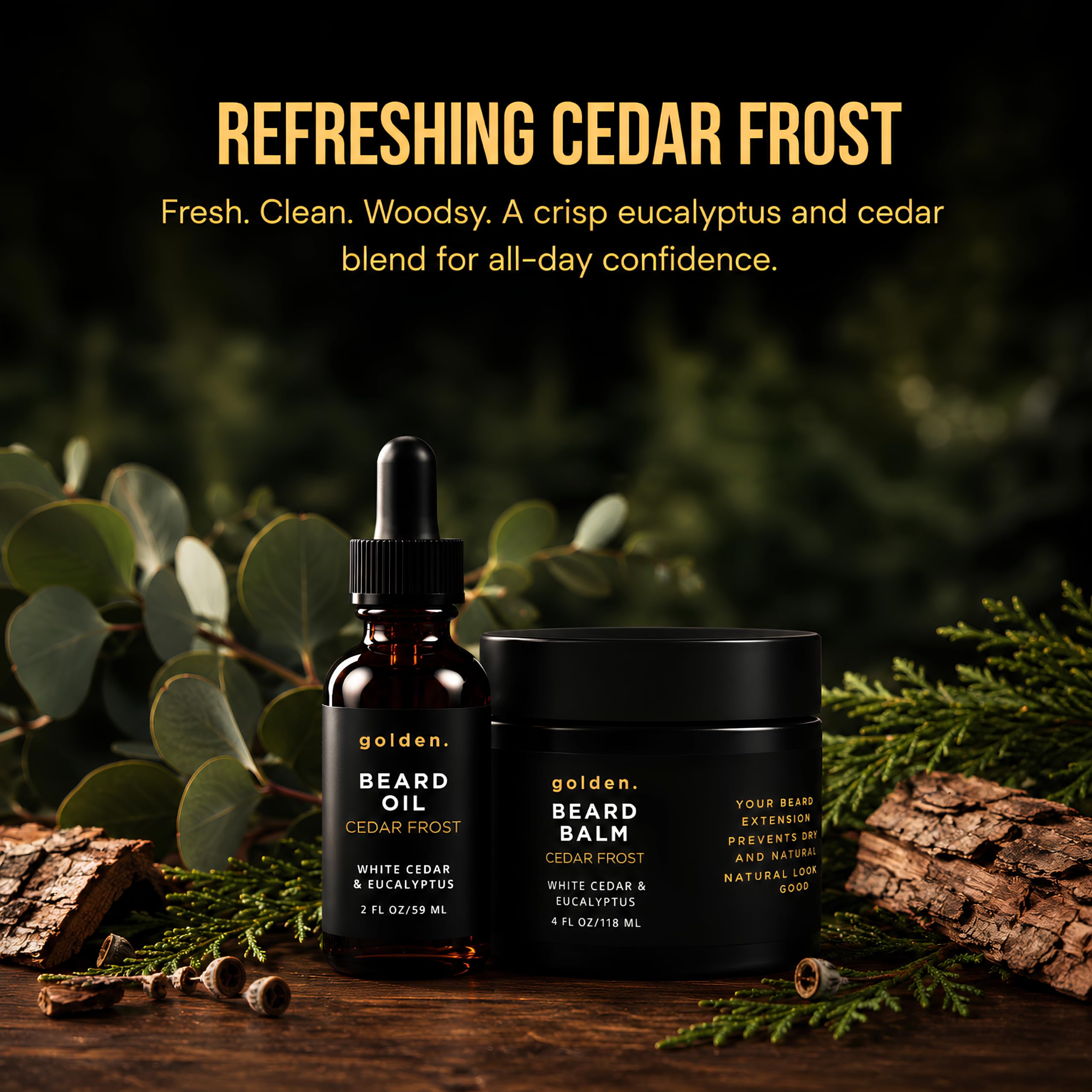 Golden Grooming Beard Bundle for Black Men - Natural Growth Kit with 2oz Balm & 1oz Oil - Shea Butter Conditioner - Cedar Frost (Regular)
