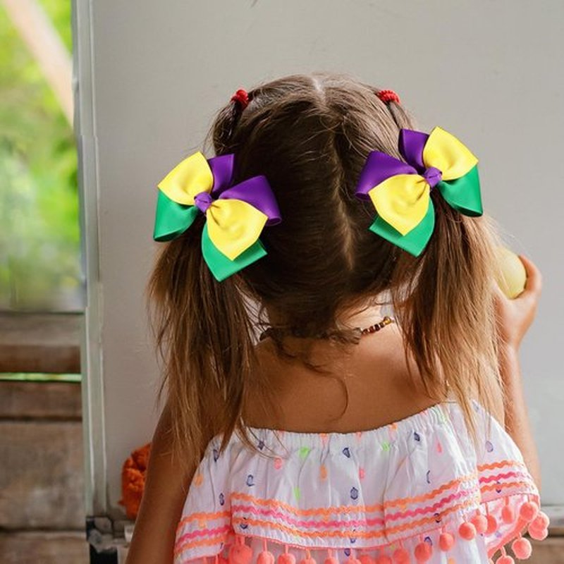 Mardi Gras Hair Bow Clips for Girls Women 2pcs 3.5" Fat Tuesday Ribbon Cheer Bow Hair Pins Piece Circus Carnival Parade Outfit Masquerade Party Dress Decor Accessories Gift
