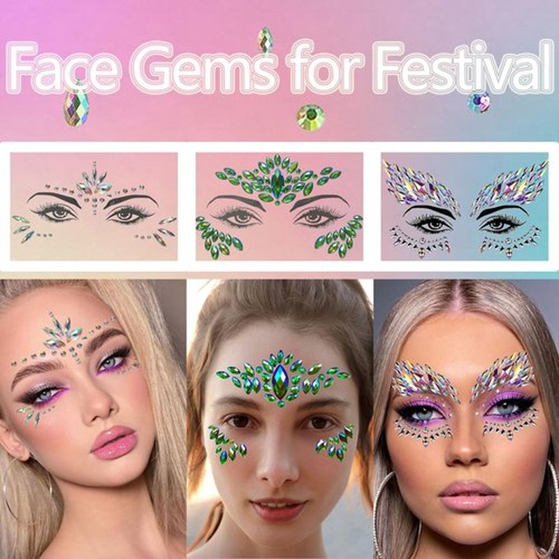 Face Gems 8 Sets Mermaid Face Jewels Self Adhesive Festival Gem Stickers Eyes Body Face Stickers Crystal Festival Accessory for Carnival, Party, Halloween