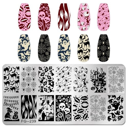 JERCLITY 6pcs Halloween Nail Stamping Plates Halloween Nail Stamping Plates for Nails Cobwebs Witch Ghost Skull Jack-o'-Lantern Haunted House Image Stamper Kit