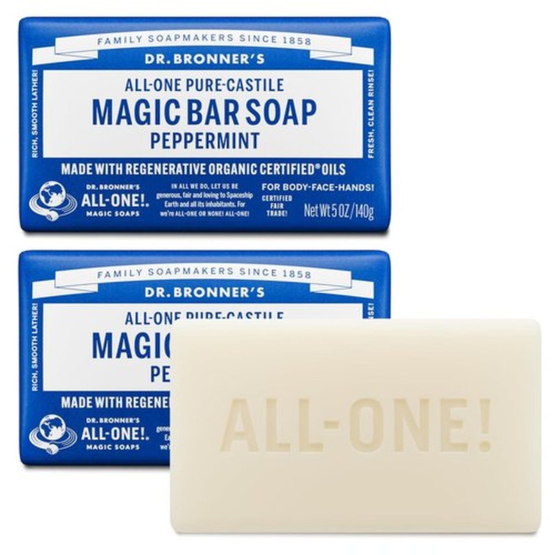 Dr. Bronner's Pure-Castile Soap Bars - Peppermint, 5oz, 2-Pack | Gentle, Vegan & Non-GMO for Face & Body