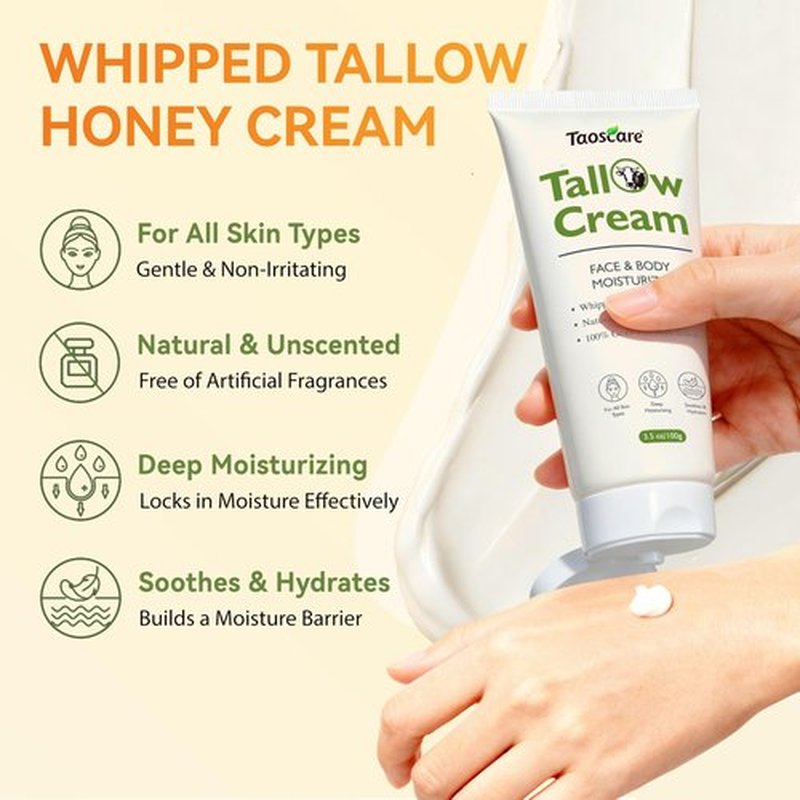 Taoscare Beef Tallow for Skin, 100% Grass-Fed Whipped Tallow Balm – Organic Moisturizer for Face & Body – Deep Hydration for Dry & Sensitive Skin – Natural Tallow Cream