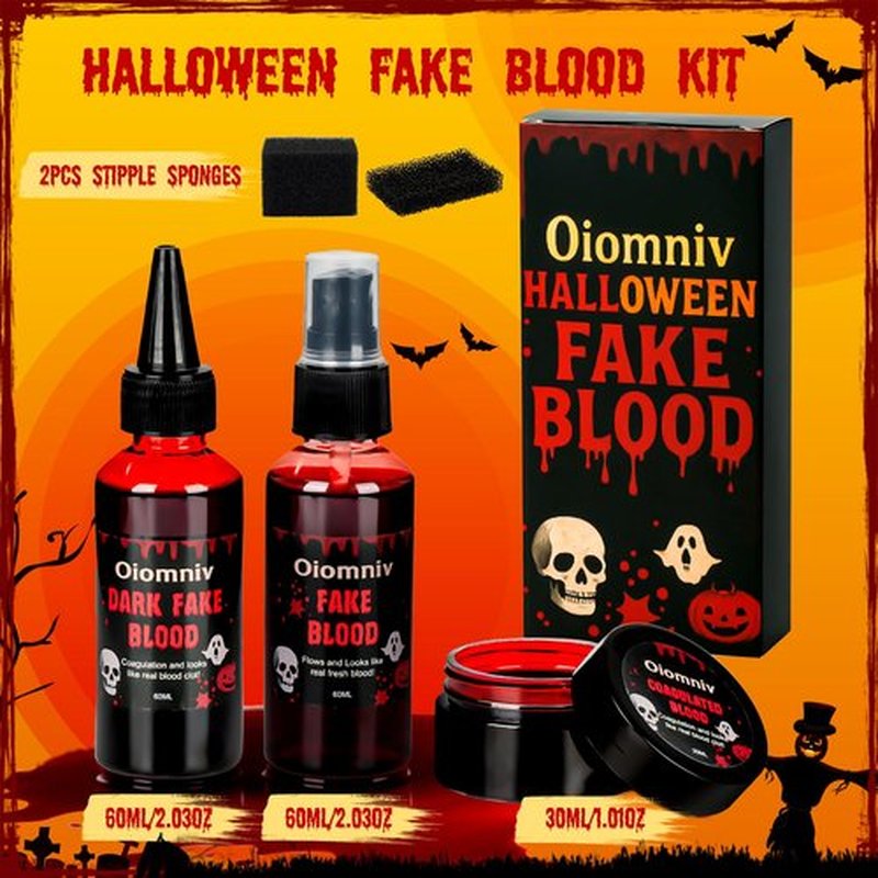 Oiomniv 5PCS Fake Blood Kit, 2.03oz Fake Blood Spray 2.03oz Dripping Blood 1.01oz Coagulated Blood Gel, Realistic Halloween SFX Makeup Washable for Zombie Vampire Cosplay Costume