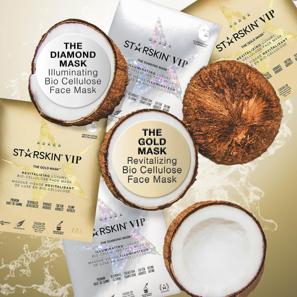 STARSKIN VIP Gold Mask Face, Coconut Bio-Cellulose Revitalizing Face Mask for all Skin Types, Korean Skin Care, Instant Hydration and Plump, Moisturizing and Nourishing, K-Beauty (Pack of 4)
