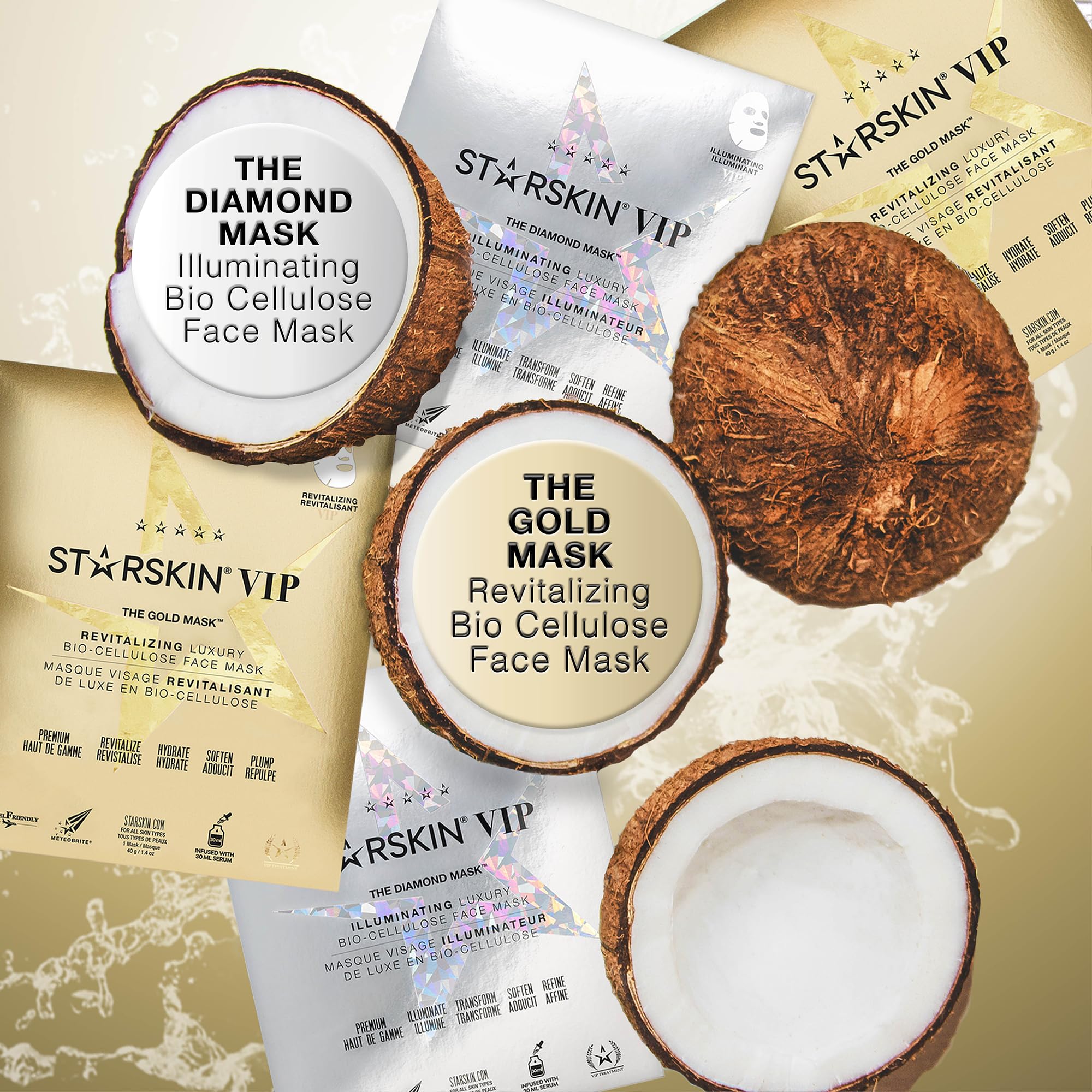STARSKIN VIP Gold Mask Face, Coconut Bio-Cellulose Revitalizing Face Mask for all Skin Types, Korean Skin Care, Instant Hydration and Plump, Moisturizing and Nourishing, K-Beauty (Pack of 4)