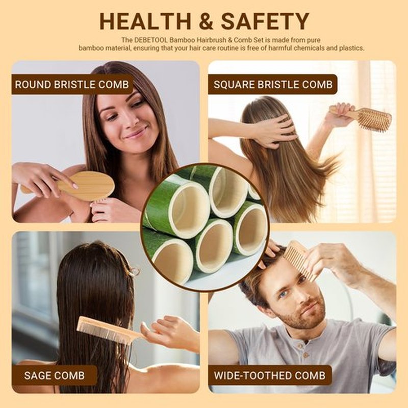 DEBETOOL Bamboo Hair Brush and Comb Set - Natural Wooden & Bamboo Brush for Hair Growth with Wide-tooth Tail Comb, Ergonomic Design for (Thick/Thin/Curly/Dry Hair) - Wooden Comb for Women Gift Kit