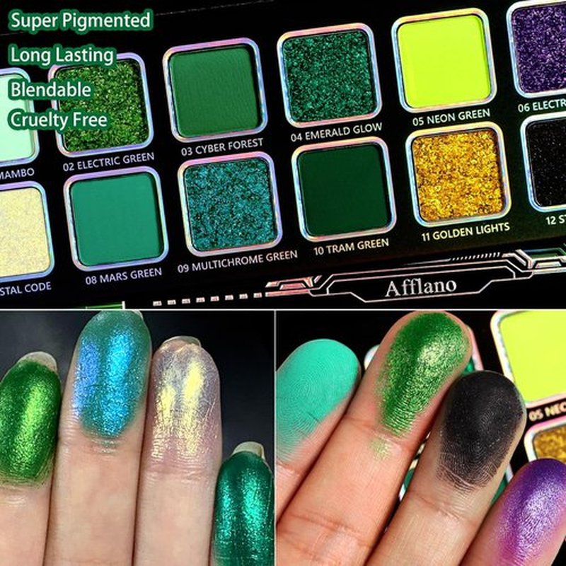 Afflano Multichrome Green Eyeshadow Palette, Color-Shifting Green Glitter Eyeshadow Pallet, Matte Chrome Eye Shadow Dark Forest green Makeup for Women Smokey Blue Brown Eyes Cosplay Party Daily Use