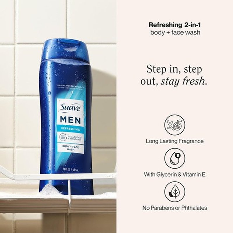 Suave Men Moisturizing Body & Face Wash - Cedarwood & Mandarin Scent | Paraben-Free, 18 Oz (Pack of 6)