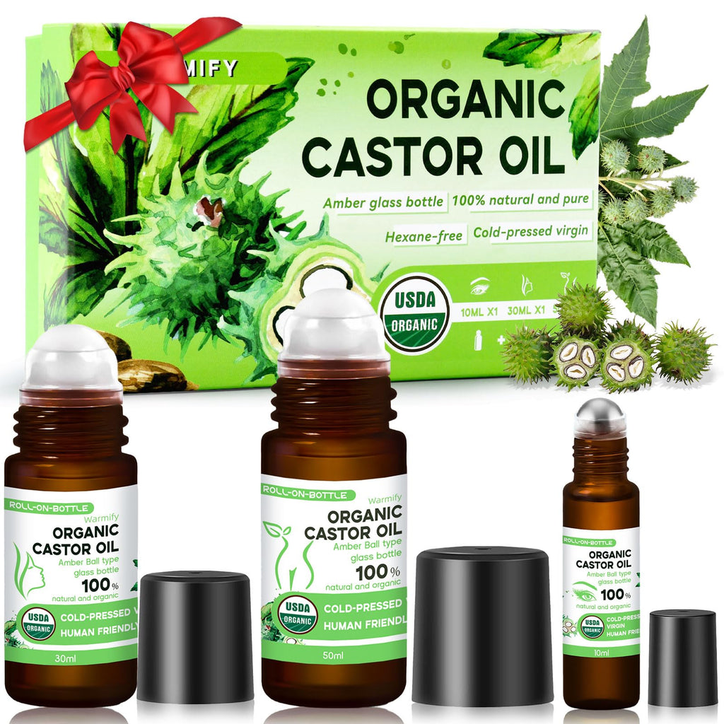 Warmify 3-in-1 Castor Oil Roll on for Eye,Face,Body Skin,Certified Organic Cold Pressed Castor Oil Roller ball unrefined Glass Bottle,Precise & Mess-Free Application & Travel Friendly