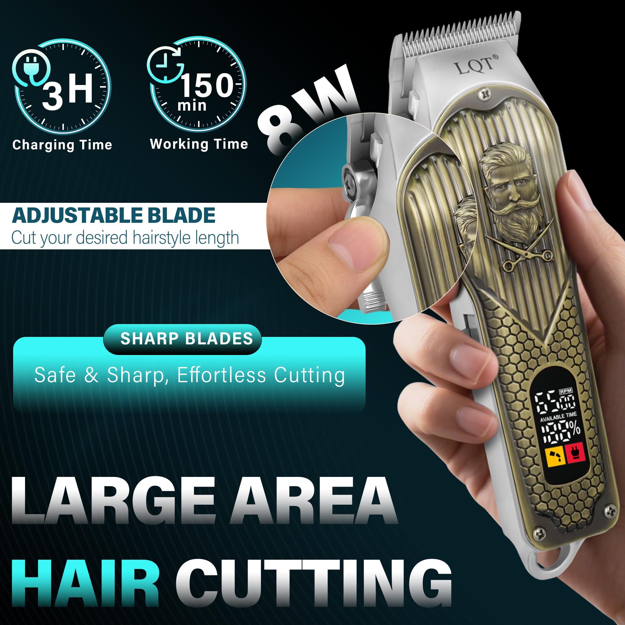 LQT Hair Clippers for Men with LED Power Display, 4-Piece Professional Grooming Kit with Hair Clipper, Detail Trimmer, Foil Shaver & Nose Trimmer, Complete Cordless Set for Home Barber Use