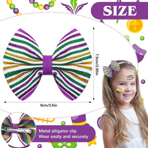 Suncalla 8 Pcs Mardi Gras Hair Bow Clip Glitter Purple Yellow Green Mask Hair Accessories Alligator Clip Bow for Mardi Gras Carnival Circus Party Costume Supplies Women Gifts