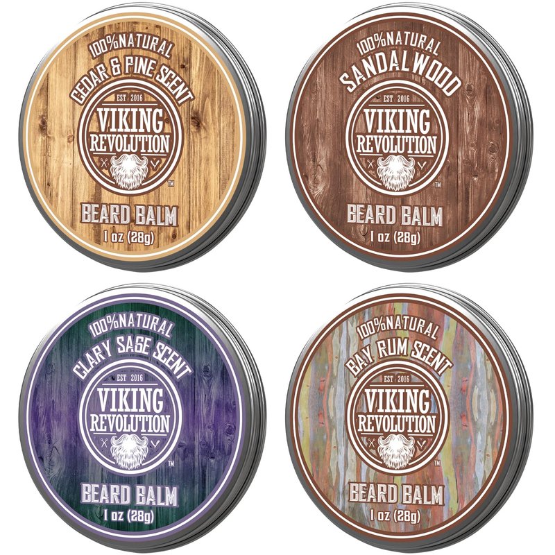 Viking Revolution Beard Balm Variety Pack - Styles, Strengthens & Softens | 1oz Each - Sandalwood, Pine & Cedar, Bay Rum, Clary Sage