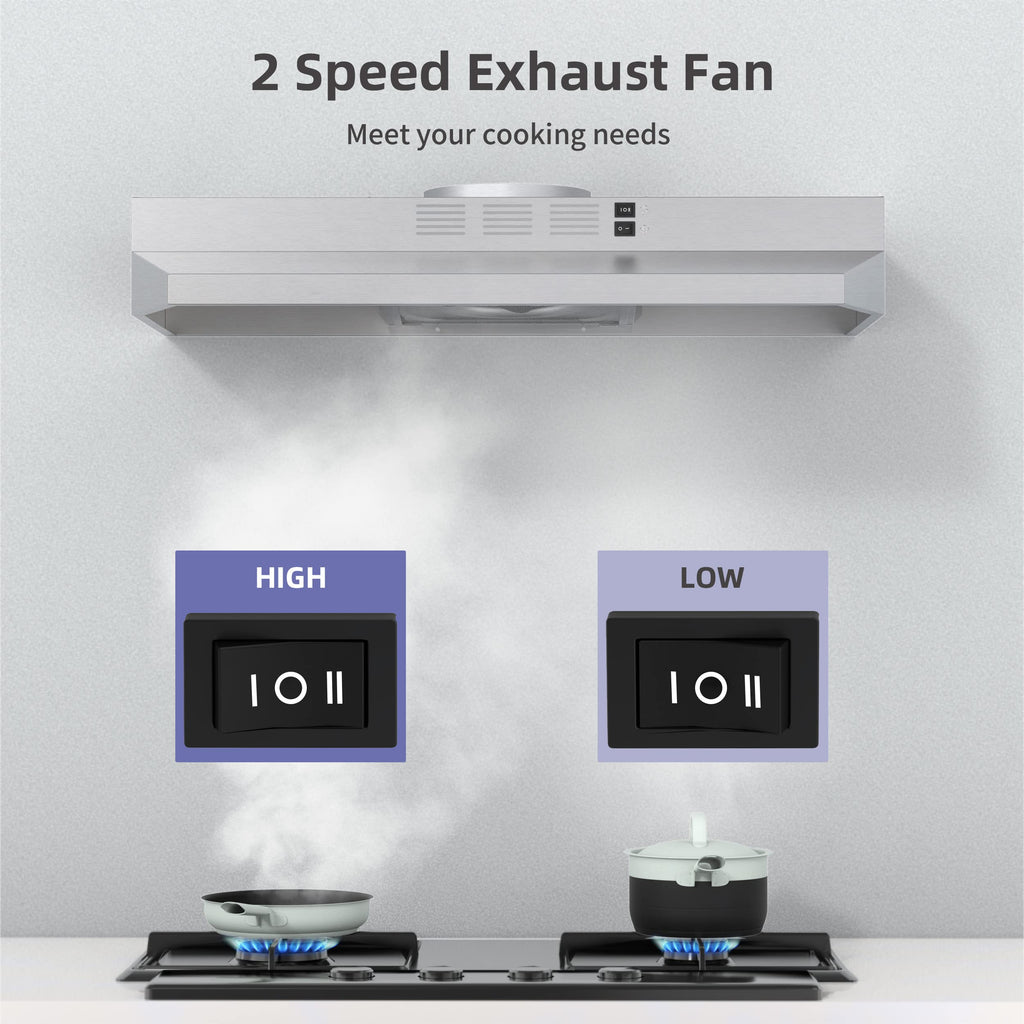 FIREGAS Under Cabinet Range Hood 30 inch, 300 CFM Ducted/Ductless Convertible, 2-Speed Exhaust Fan with LED Light & Rocker Control, Stainless Steel Kitchen Vent Hood