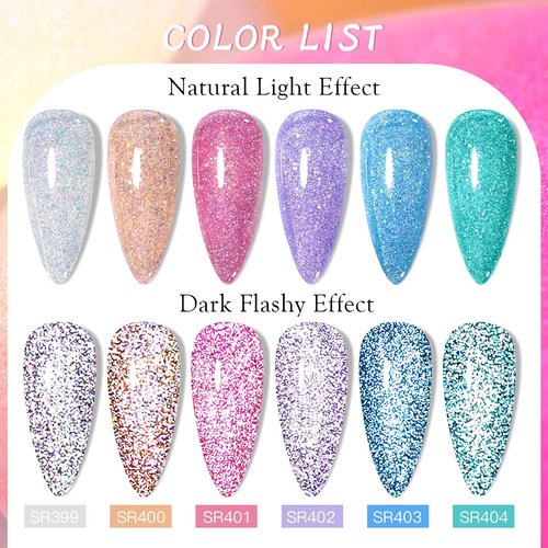 MEET ACROSS Reflective Glitter Gel Nail Polish, Shimmery Glitter Gel Polish Set, Sparkly Shiny Nail Art Varnish Manicure Kit, Soak Off LED Lamp, for Beginners DIY at Home