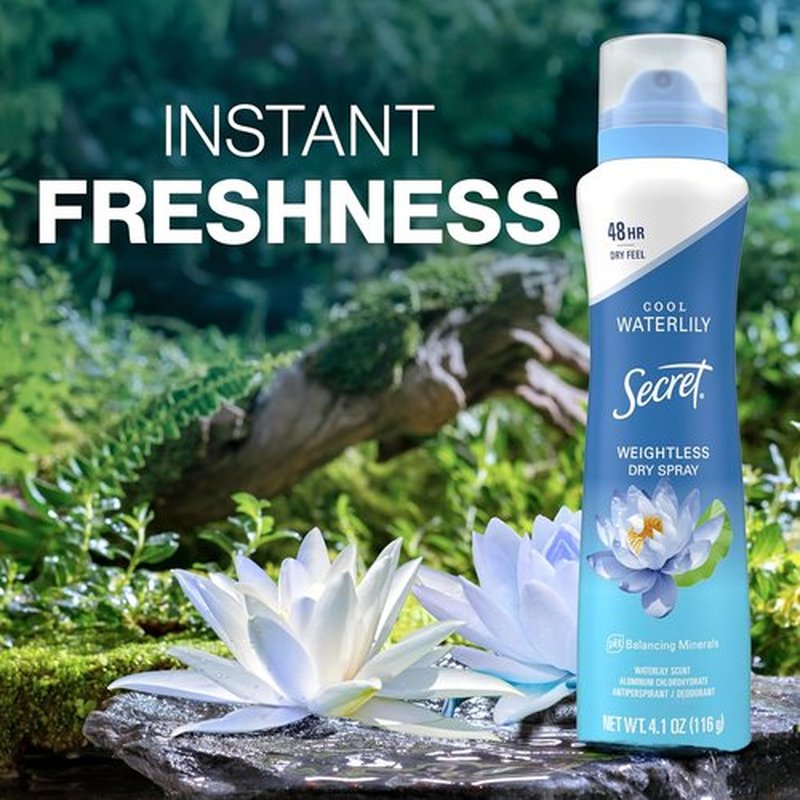 Secret Dry Spray Antiperspirant Deodorant - 48HR Weightless Sweat & Odor Protection | Waterlily & Argan Oil, 4.1 oz (Pack of 3)
