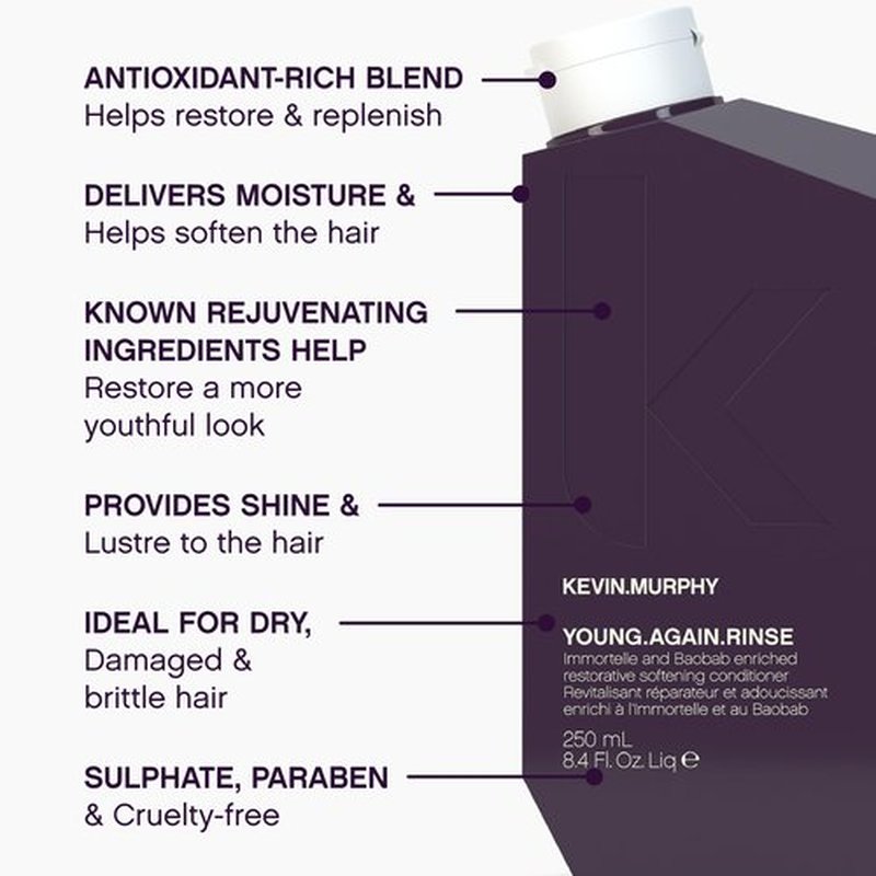 KEVIN.MURPHY YOUNG.AGAIN.RINSE - Moisturising Anti-Ageing Conditioner for Ageing, Dry, Damaged & Brittle Hair - Repair with Amino Acids - Sulphate & Paraben Free - 250 mL / 8.4 fl oz (Pack of 2)