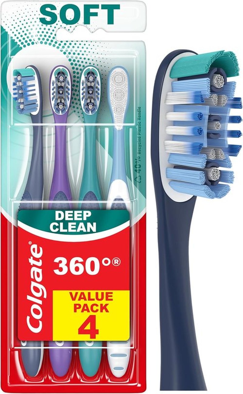 Colgate 360 Deep Clean Toothbrush - 4-in-1 Bacterial Removal with Floss Tip Bristles & Tongue Cleaner | 4 Count