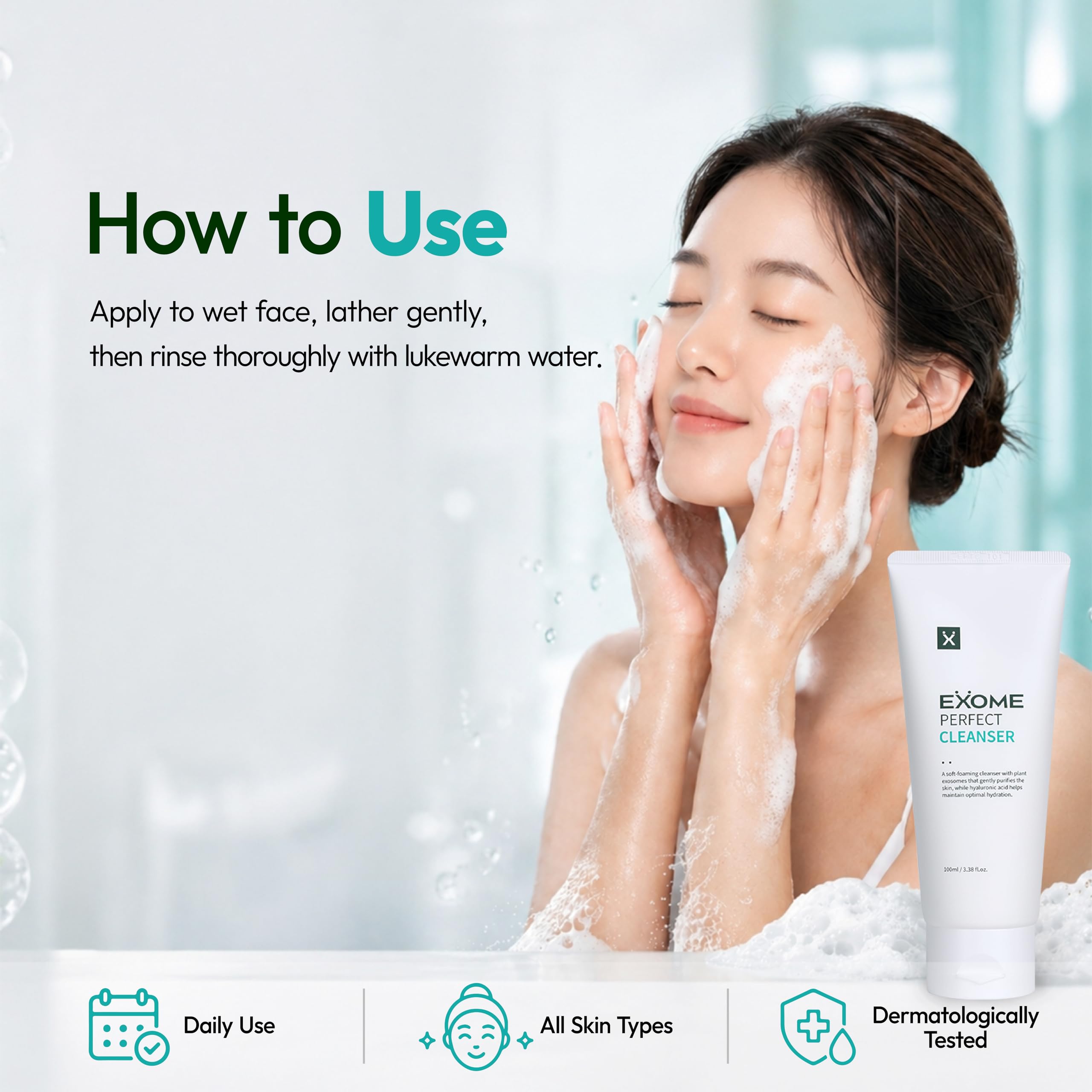 Exome Perfect Cleanser, Deep Moisture Hydrating Face Wash with 8 Types Hyaluronic Acid, Gentle Sebum Control & Impurity Removal, Low Irritation Fatty Acid Complex, Fresh Finish, 3.38 fl oz