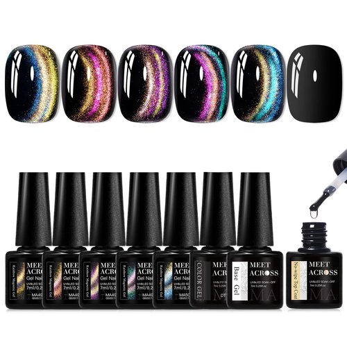 MEET ACROSS 9D Cat Eye Gel Nail Polish Set 9Pcs Cateye Magnetic Nail Polish Gel with Base Top Coat and Magnet Stick, Cat Eye Gel Polish Galaxy Rainbow Effect Manicure DIY Nail Art