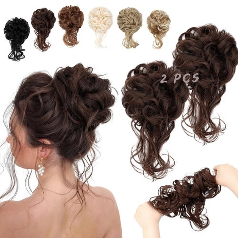 FeidyLong 2PCS Messy Bun Hair Piece Tousled Updo with Tendrils Wavy Curly Hair Bun Scrunchies Ponytail Extension Elastic Band Hairpieces For Women (Medium Brown)