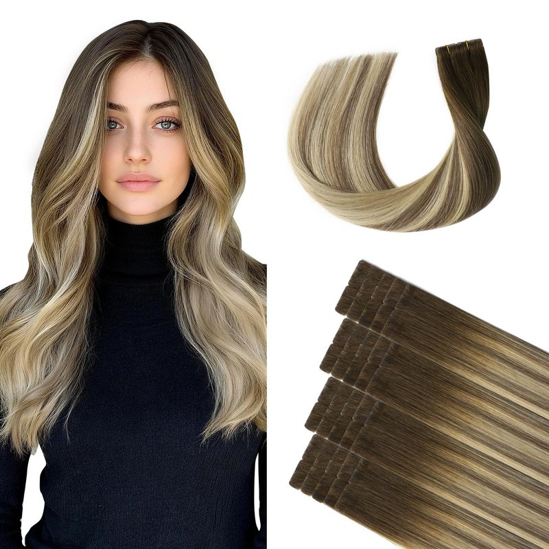 XDhair Invisible Tape in Hair Extensions 20pcs 50g Walnut Brown to Ash Brown and Golden Blonde Seamless Injected Tape ins Human Hair Extensions 18 Inch #3/8/22