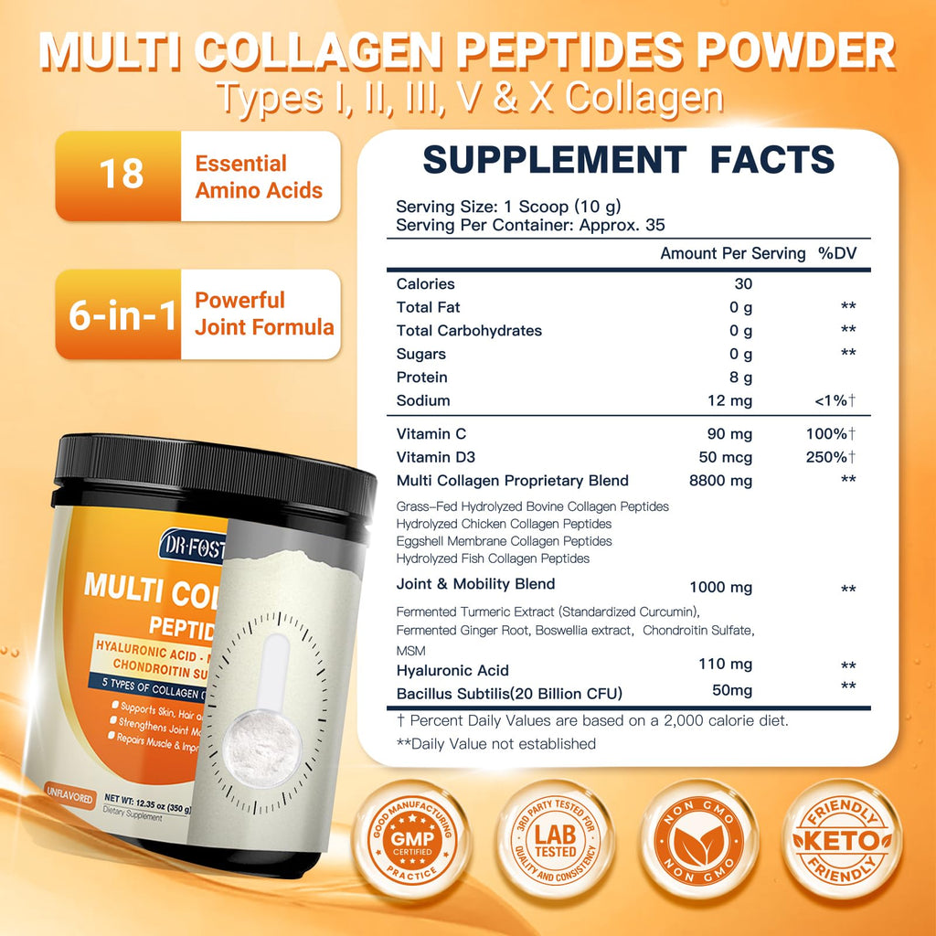 DRFOSTER Multi Collagen Peptides Powder for Women with MSM + CS & D3 - Type I, II, III, V, X Hydrolyzed Collagen with Vitamin C & Hyaluronic Acid for Skin Hair Nails & Joint, Non-GMO, 35 Servings