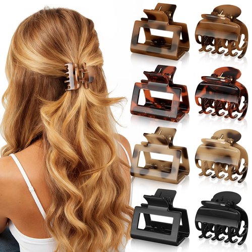 Oeusnael 8 PCS Medium Hair Clips for Women Girls - 2 Styles Rectangle and Double Row Teeth Small Claw Clips for Thin Thick Hair, Strong Hold Jaw Clips Stylish Leopard Print Hair Accessories, Tortoise