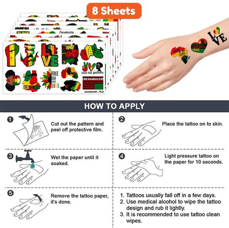 96 PCS Happy Juneteenth Freedom Day Temporary Tattoos Theme Birthday Party Decorations Supplies Favors Decor African Americans Independence Tattoo Stickers Gifts For Kids Boys Girls School Prizes