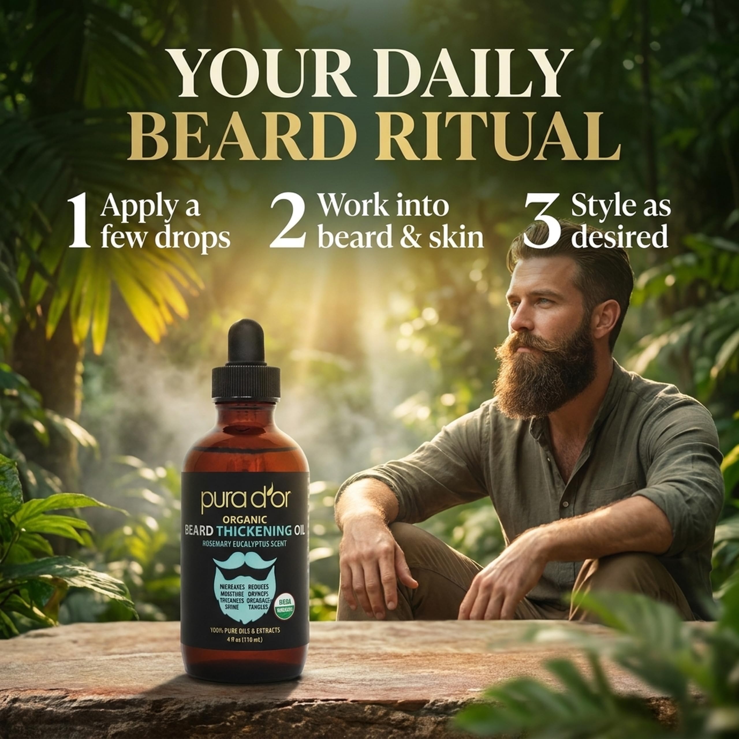 PURA D'OR 4 Oz Thickening Beard Oil – Moisturizing Blend with Rosemary, Biotin & Castor Oil – Increases Moisture, Thickness and Shine - Reduces Dryness and Breakage