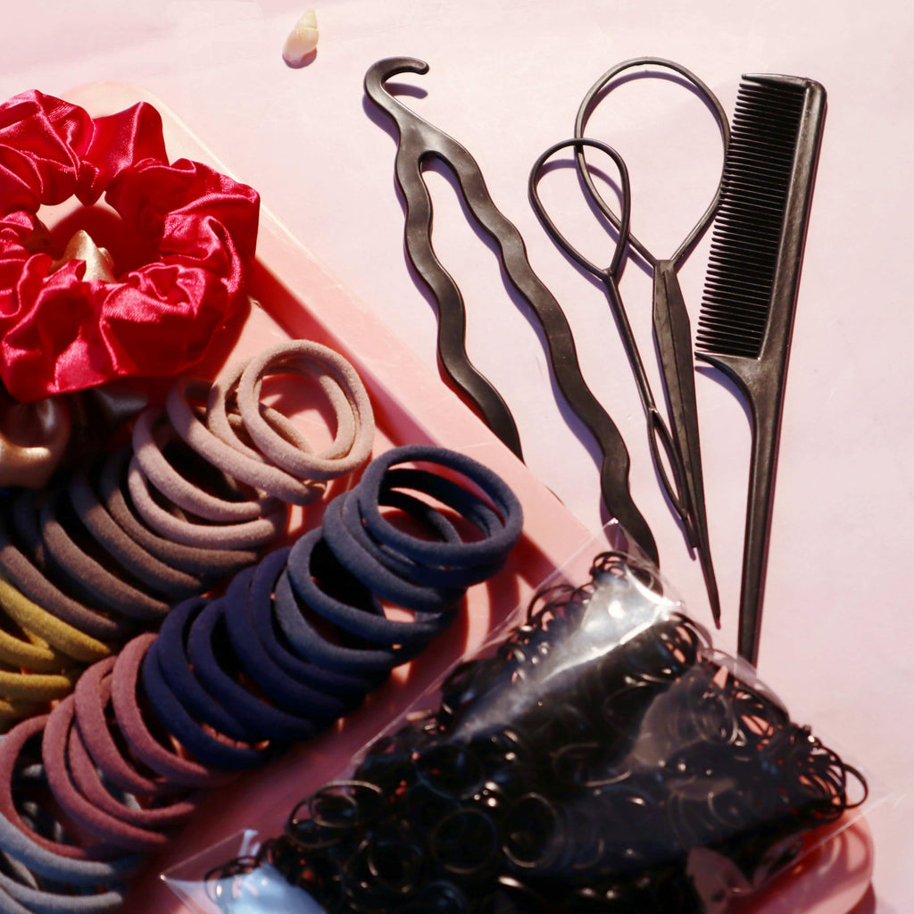 YANRONG Hair Accessories Set: 755PCS Seamless Ponytail Holders, Variety Scrunchies, Bands and Ties for Thick and Curly Hair (Dark)