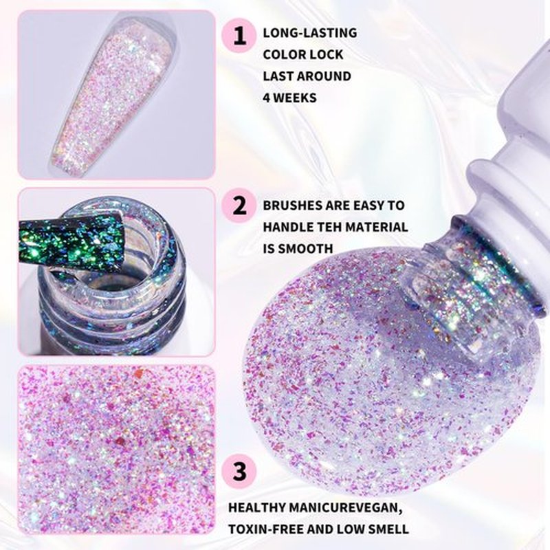 noirwhite 6 Color Glitter Sequins Gel Nail Polish Sparkly Shiny Blue Green Pink Yellow gel with Top Coat and Primer set Soak Off U V Gel Nail Art Manicure 7ML/each 9PCS