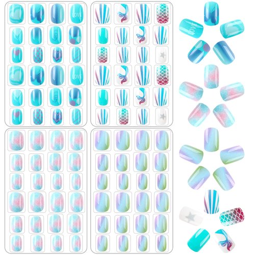 JANYUN 96 Pcs Kids False Nail Press on Nails Full Cover Short False Nails Children Nail Tips Lovely Gift for Kids Little Girls Nail Art Decoration (Blue Theme)