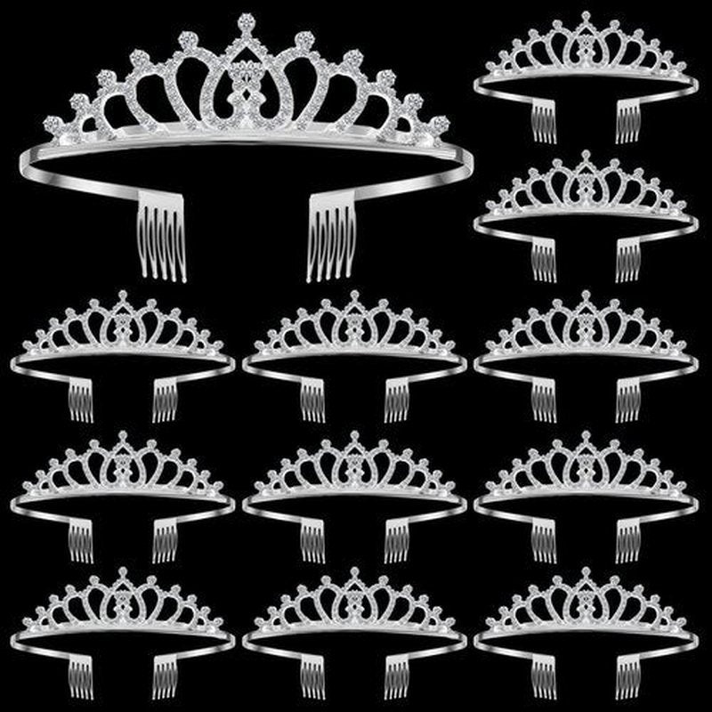 Remuuly 12 Pcs Princess Tiara for Women Silver Queen Tiara Rhinestone Hair Accessories, Princess Headbands Bulk for Bridal Wedding Birthday Prom Christmas Party, with Comb(Classic)