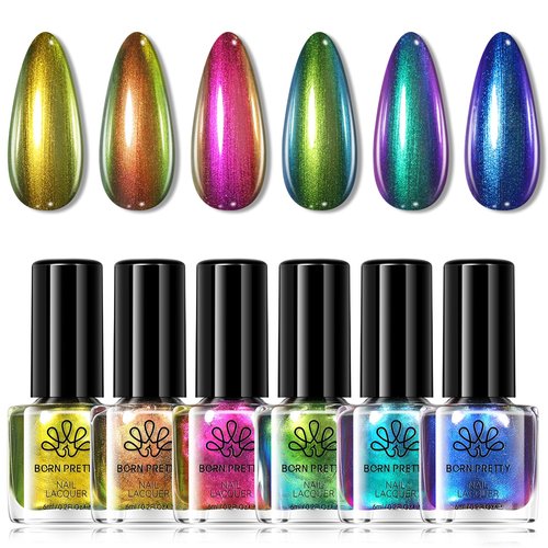 Born Pretty Chameleon Nail Polish Set, 6 Colors Chrome Holographic Metallic Glitter Quick Dry Nail Lacquer Kit Long Lasting DIY Fingernail Art Home Salon Valentines Gifts for Women Girls