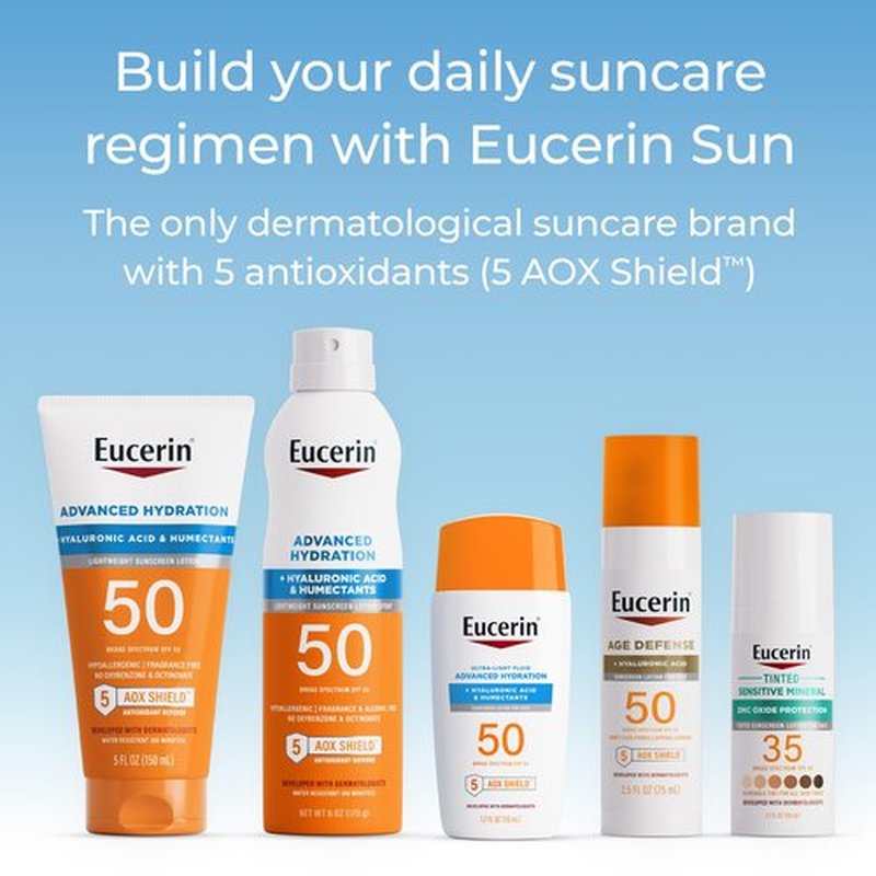 Eucerin Sun Advanced Hydration SPF 50 Sunscreen Lotion, Lightweight Sunscreen with Hyaluronic Acid and Humectants, Hypoallergenic, Fragrance Free, No Oxybenzone or Octinoxate, 5 Fl Oz Tube