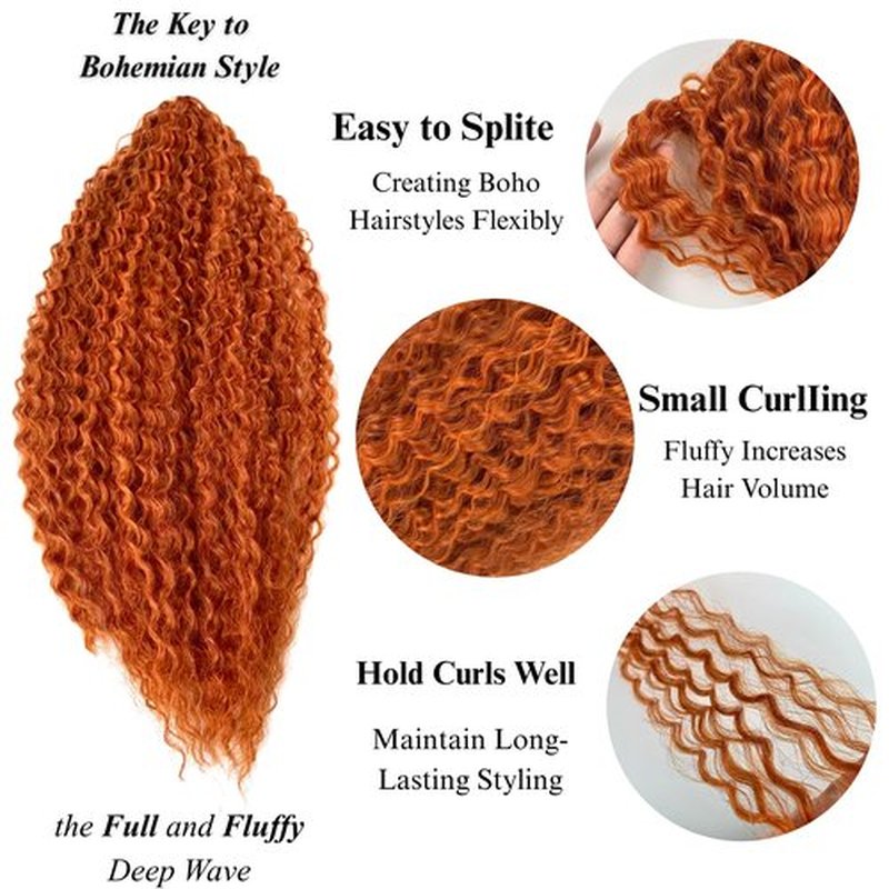 Ginger Orange Boho Braiding Hair Extensions Pre Stretched Boho Curly Deep Wave Crochet Boho Braids Gyal Bohemian Hypoallergenic Ez Braid Non Toxic Synthetic Yaki Fulani
